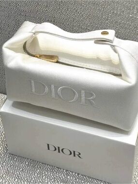 Dior White Embroidered Logo Cosmetic Case with Gold-Tone Zip